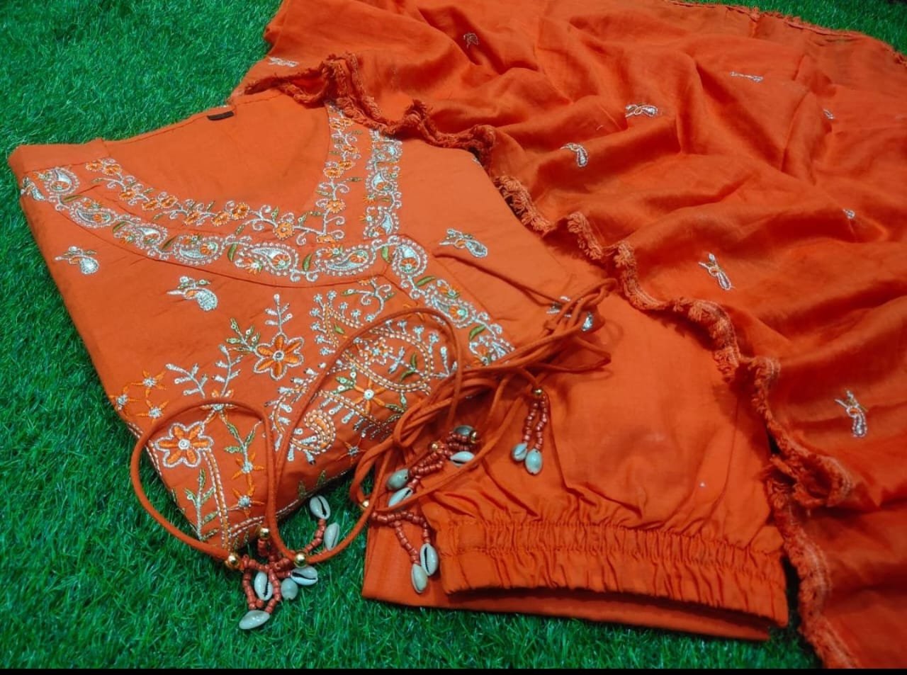 Cotton Angrakha Kurti Pant Set with Embroidered Dupatta